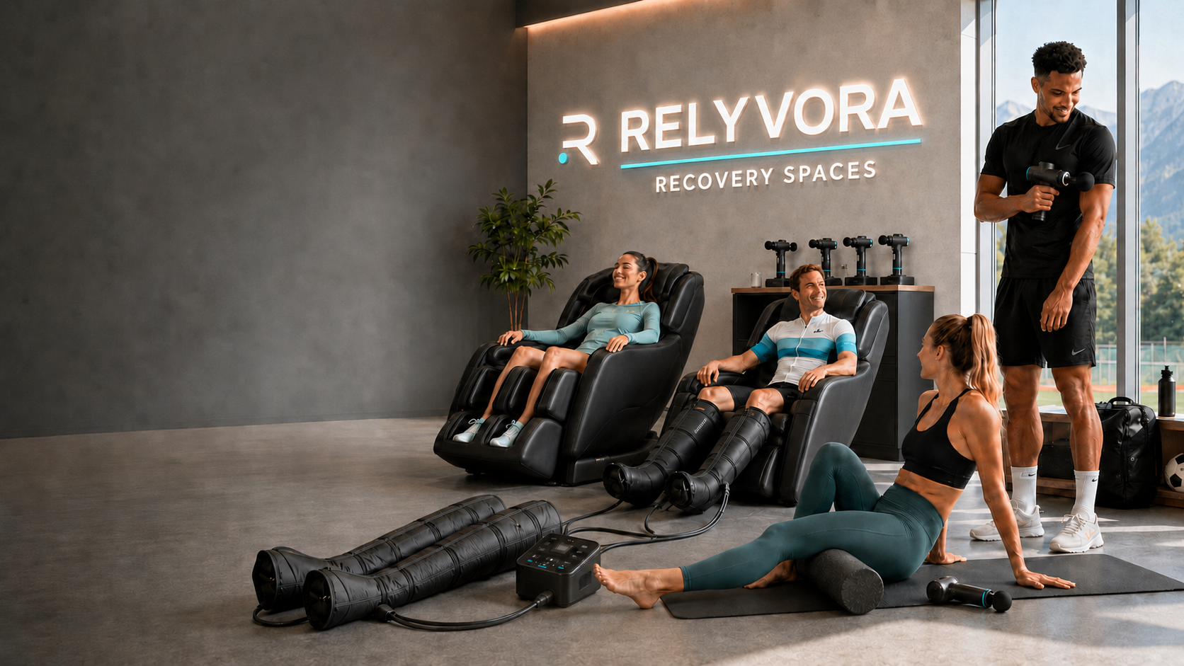 Espace de récupération RELYVORA avec fauteuils de massage et station de compression des jambes